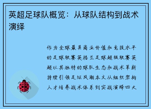 英超足球队概览：从球队结构到战术演绎