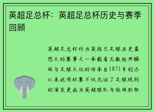 英超足总杯：英超足总杯历史与赛季回顾